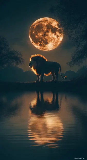 Lion under the full moon, reflection shines in water below, a haunting calm vibe.