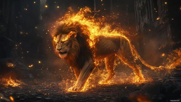 Lion with flames in its mane, on a mystical battlefield, body pulsing with power and rage, embers swirling.