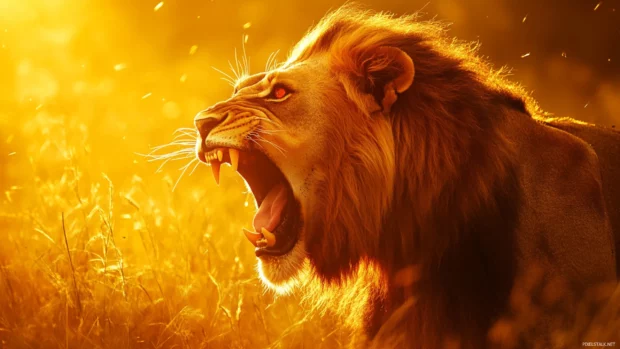 Lion with glowing red eyes, fur ruffled, roars loud, golden sunlight on wild grass around.