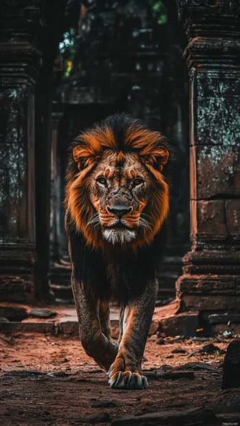 Lion with war scars and steady eyes, positioned in a ruined jungle temple.