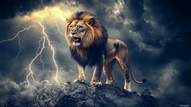 Mighty lion on a rock, lightning strikes behind, face in an aggressive snarl, intense mood.