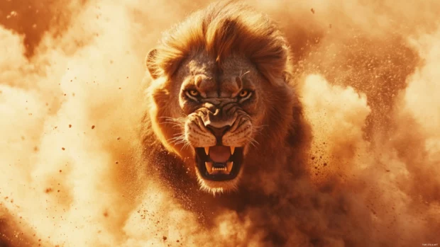 Powerful lion roars in the savanna, dust rises around, warm sunset hues in the sk.