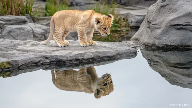 Young lion cub on cliff edge, wind in its fur, dreaming of being a great king.