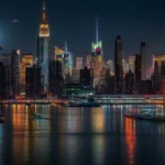 A futuristic interpretation of the New York skyline, with glowing neon skyscrapers and flying vehicles in the background.