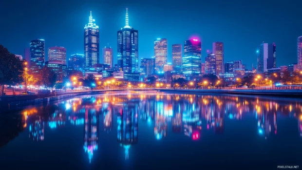 A modern city skyline at night, glowing with neon lights and reflections shimmering in a nearby river.