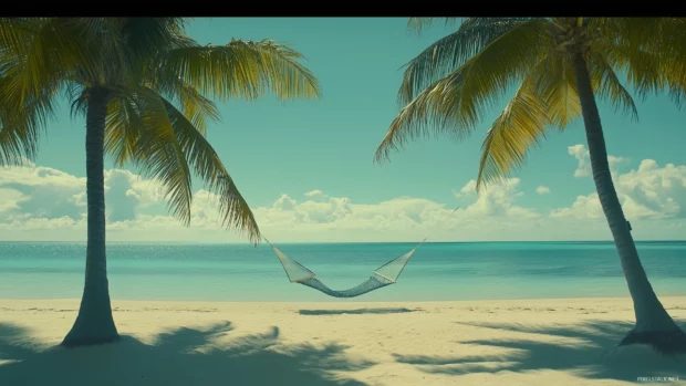 A tranquil beach with a hammock strung between two palm trees.
