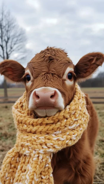 Baby cow wearing a scarf on a breezy day.