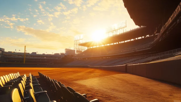 Baseball diamond with golden hues of sunrise and empty seats.