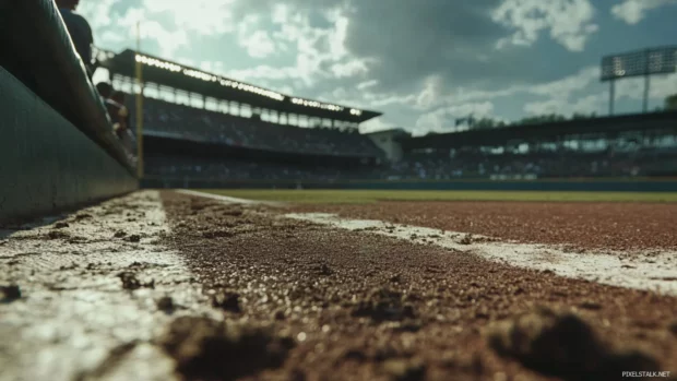 Cinematic angle of the dugout during a critical baseball match.