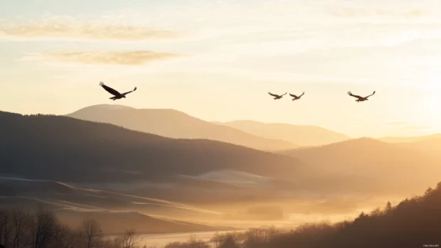 Eagles soar across distant hills framed by the glow of morning light.