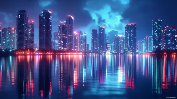 Miami night scene with illuminated buildings, vibrant nightlife, and lights reflecting on Biscayne Bay.