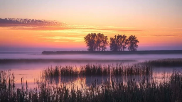 Muted sunrise over foggy fields with distant tree silhouettes.