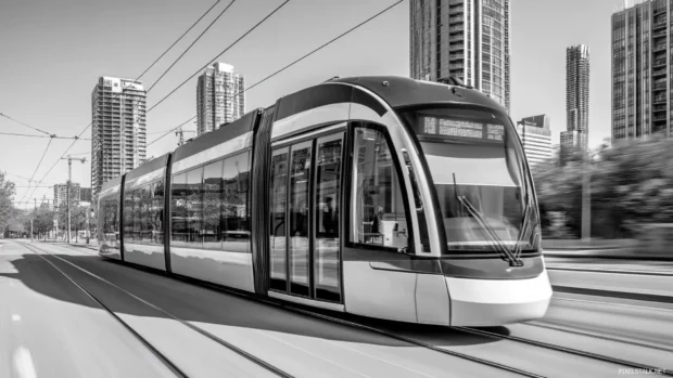 Streetcar captured mid motion in black and white city wallpaper downtown view.