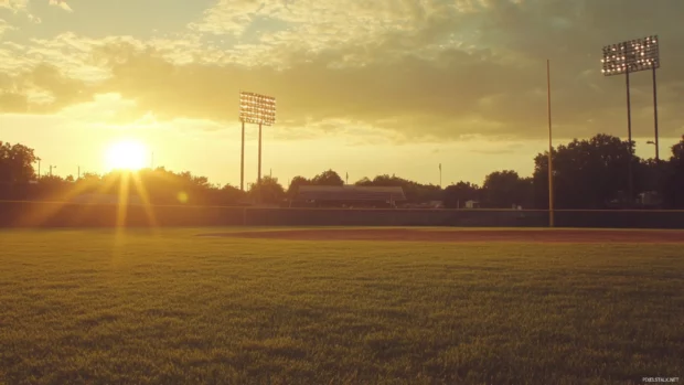 Vintage baseball wallpaper, cinematic shot of a baseball stadium during golden hour.