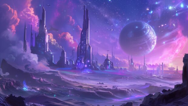 1080p Space Background with a sleek cityscape on an alien planet, under a sky filled with stars and distant galaxies.