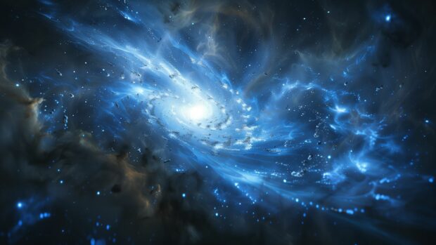 1920x1080 Space desktop wallpaper features an artistic rendering of a distant galaxy cluster bathed in blue light, with intricate details and cosmic dust.