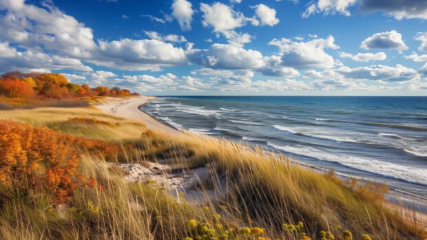 1920×1080 HD Wallpapers, A beach in autumn, with dunes covered in fall foliage and a cool breeze blowing.