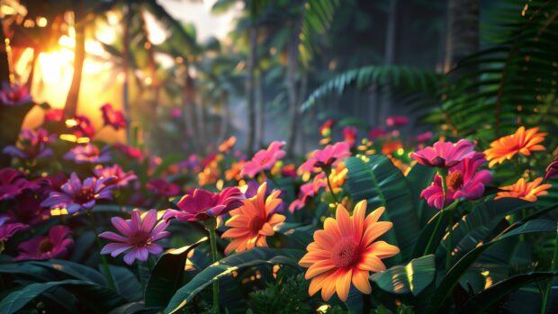 3D Cool HD Wallpaper rendering of vibrant flowers blooming in a lush, colorful garden.