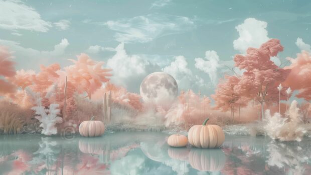 4K Aesthetic Halloween moonlit forest with soft pastel hues and minimalistic pumpkins.