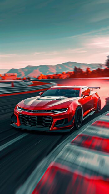 4K Car Wallpaper with a dynamic shot of a Camaro racing on a racetrack, with motion blur emphasizing its speed.