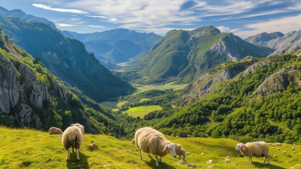 4K Country Background with a peaceful countryside scene with grazing sheep on a hillside overlooking a serene valley.