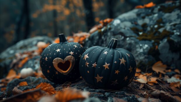 4K Cute Halloween pumpkins decorated with hearts and stars.