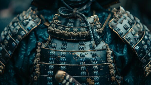 4K Desktop Samurai Wallpaper with a close up of a samurai armor, showcasing intricate details and craftsmanship.