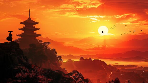 4K Desktop Samurai Wallpaper with a lone samurai silhouette atop a hill overlooking a feudal Japanese castle.