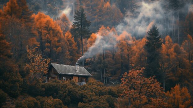 4K Fall wallpaper with a rustic cabin surrounded by autumn trees, smoke rising from the chimney.