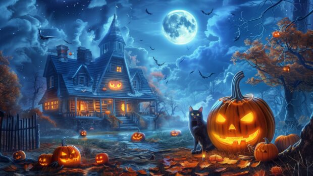 4K Halloween Desktop Wallpaper, pumpkins , black cat, full moon, house.