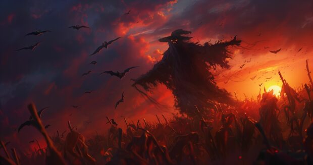 4K Halloween scarecrow standing in a haunted cornfield.