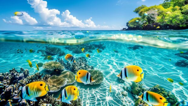 4K Ocean wallpaper features a pristine ocean with crystal clear water and colorful fish swimming.
