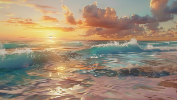 4K Ocean wallpaper features a serene ocean at sunset, with gentle waves and a colorful sky.