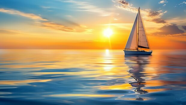 4K Ocean wallpaper features a serene ocean with a sailboat on the horizon at sunset.