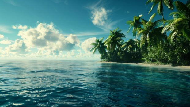 4K Ocean wallpaper features a tropical ocean with palm trees lining the shore.