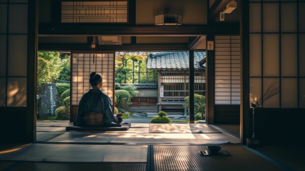 4K Samurai Wallpaper for Desktop with a samurai observing respectfully, surrounded by tatami mats and sliding paper doors.