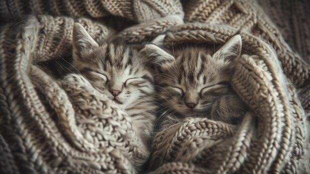 4K Wallpaper double cute cats napping in a cozy blanket.