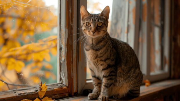 4K Wallpaper with a cute cat sitting on a windowsill with a view.