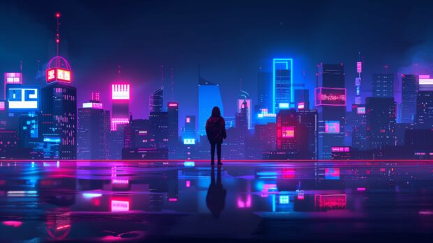 4K abstract cityscape at night, neon lights background free download.