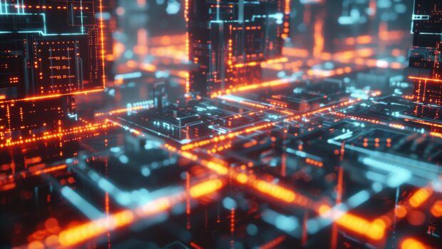 4K abstract technological grid, glowing lines and circuits wallpaper HD.