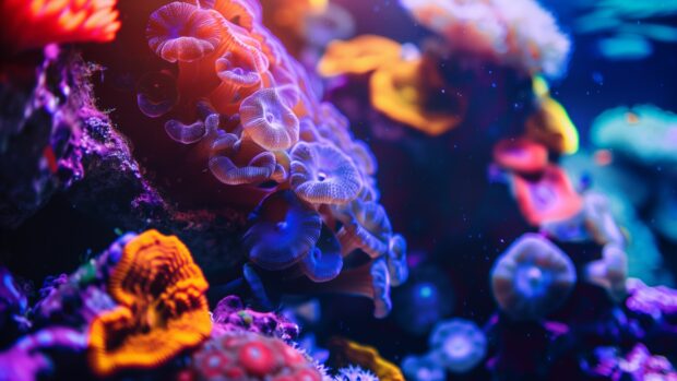 4K abstract underwater coral reef, bright marine colors desktop background.