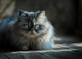  4K background, A fluffy kitten with big blue eyes.