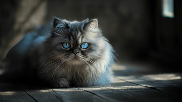 4K background, A fluffy kitten with big blue eyes.