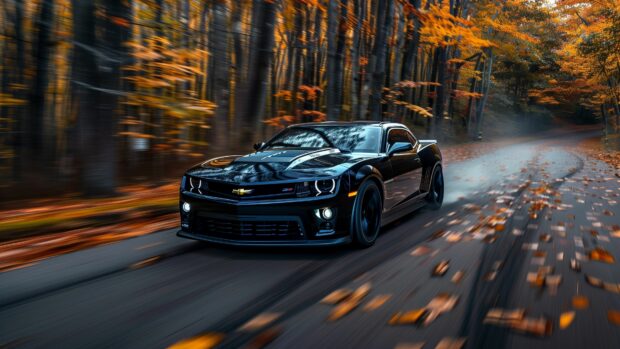 4K wallpaper Camaro Z28 roaring through a forest road with autumn leaves scattered around.