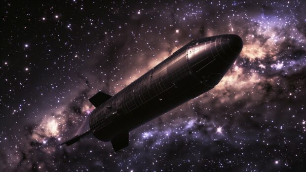 4K wallpaper with an artistic rendering of a SpaceX Starship traveling through deep space, with distant stars and galaxies visible in the background.