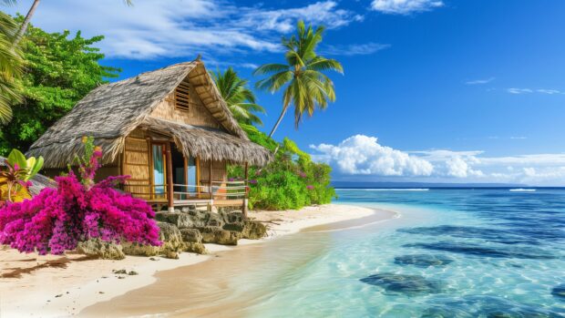 A Beach 4K Background HD with a thatched roof hut and vibrant flowers.