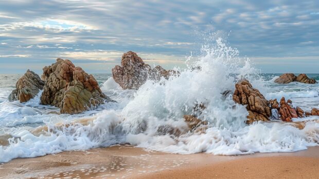 A Beach Desktop Wallpaper 1080p with dramatic rock formations and crashing waves.