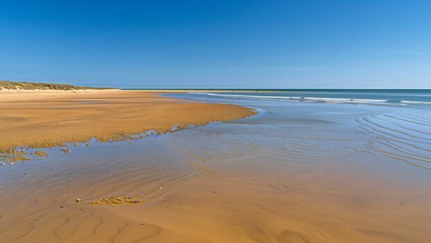 A Beach Desktop Wallpaper Full HD at low tide with expansive sandy flats and distant waves.