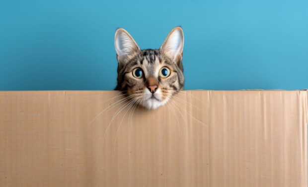 A Cat peeking out of a cardboard box.