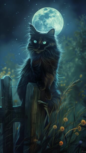 A Halloween black cat with glowing eyes perched on a fence under a full moon.